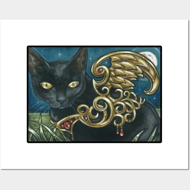 The Black Cat With Golden Wings - Black Outlined Version Wall Art by Nat Ewert Art